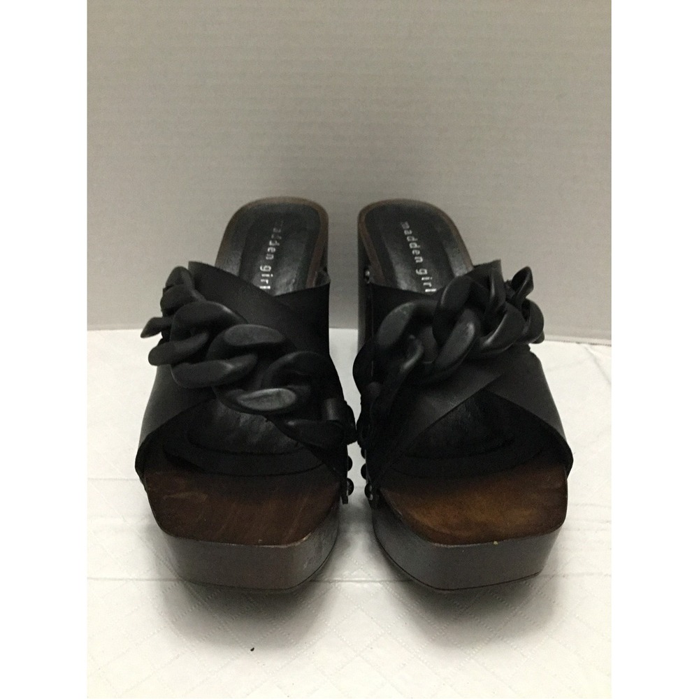 Steve‎ Madden Black Chain-Accent Platform Mules Chunky Block Heel Size 6.5